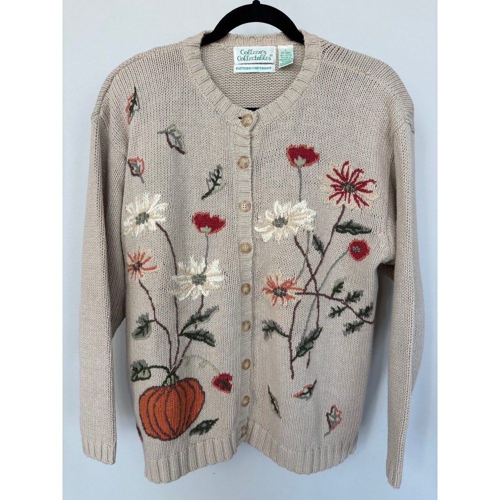 Colleens Collectables Vintage Floral Pumpkin Embroidered Cardigan Sweater Tan L